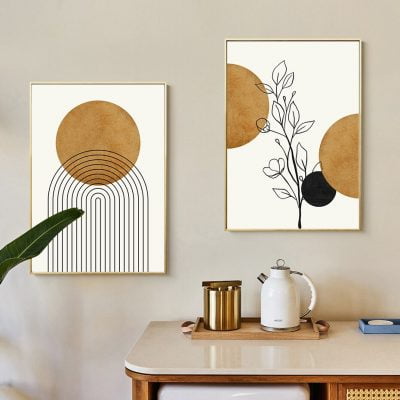 Mid Century Style Abstract Wall Art Sun Leaves Pictures For Bohemian Living Room