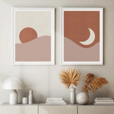 Minimalist Abstract Terracotta Sun Moon Wall Art Pictures For Modern Living Room Decor