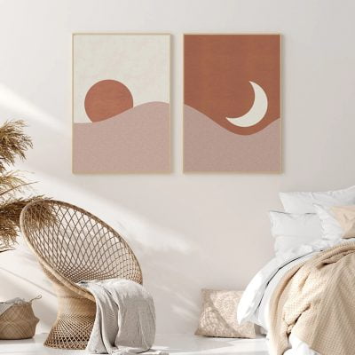 Minimalist Abstract Terracotta Sun Moon Wall Art Pictures For Modern Living Room Decor