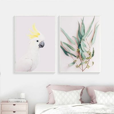 Minimalist Pink Protea Green Leaves Wall Art Modern Botanical Pictures For Living Room Decor