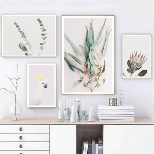 Minimalist Pink Protea Green Leaves Wall Art Modern Botanical Pictures For Living Room Decor