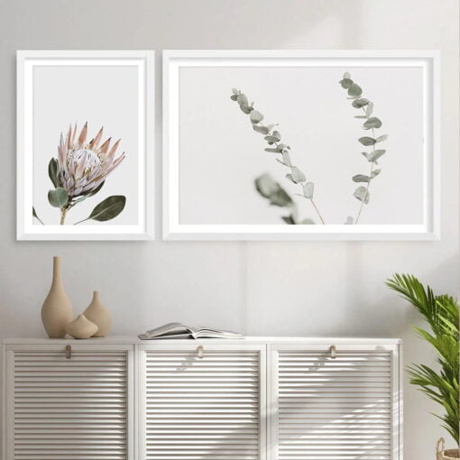 Minimalist Pink Protea Green Leaves Wall Art Modern Botanical Pictures For Living Room Decor