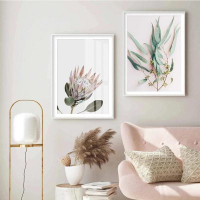 Minimalist Pink Protea Green Leaves Wall Art Modern Botanical Pictures For Living Room Decor