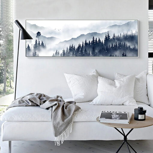 Misty Forest Mountain Landscape Wide Format Wall Art For Living Room Bedroom Decor