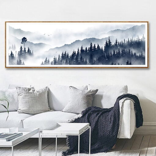 Misty Forest Mountain Landscape Wide Format Wall Art For Living Room Bedroom Decor