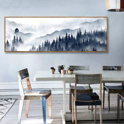 Misty Forest Mountain Landscape Wide Format Wall Art For Living Room Bedroom Decor
