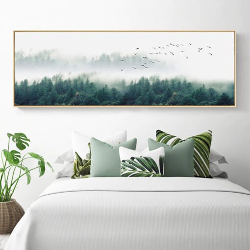 Misty Morning Forest Landscape Wide Format Nordic Wall Art For Bedroom Living Room