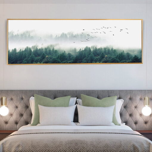 Misty Morning Forest Landscape Wide Format Nordic Wall Art For Bedroom Living Room