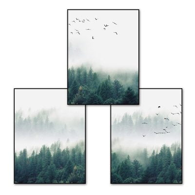 Misty Morning Forest Wall Art Minimalist Nordic Pictures Of Calm For Living Room Wall Decor