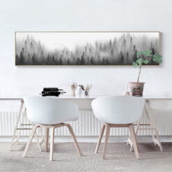 Misty Morning Nordic Forest Wall Art Black & White Wide Format Picture For Living Room
