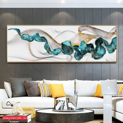 Modern Abstract Flowing Golden Jade Landscape Wide Format Wall Art For Above The Bed