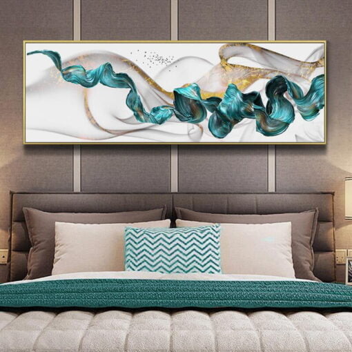 Modern Abstract Flowing Golden Jade Landscape Wide Format Wall Art For Above The Bed