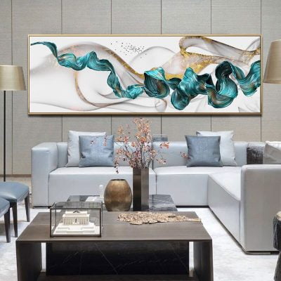 Modern Abstract Flowing Golden Jade Landscape Wide Format Wall Art For Above The Bed