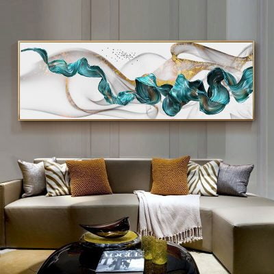 Modern Abstract Flowing Golden Jade Landscape Wide Format Wall Art For Above The Bed