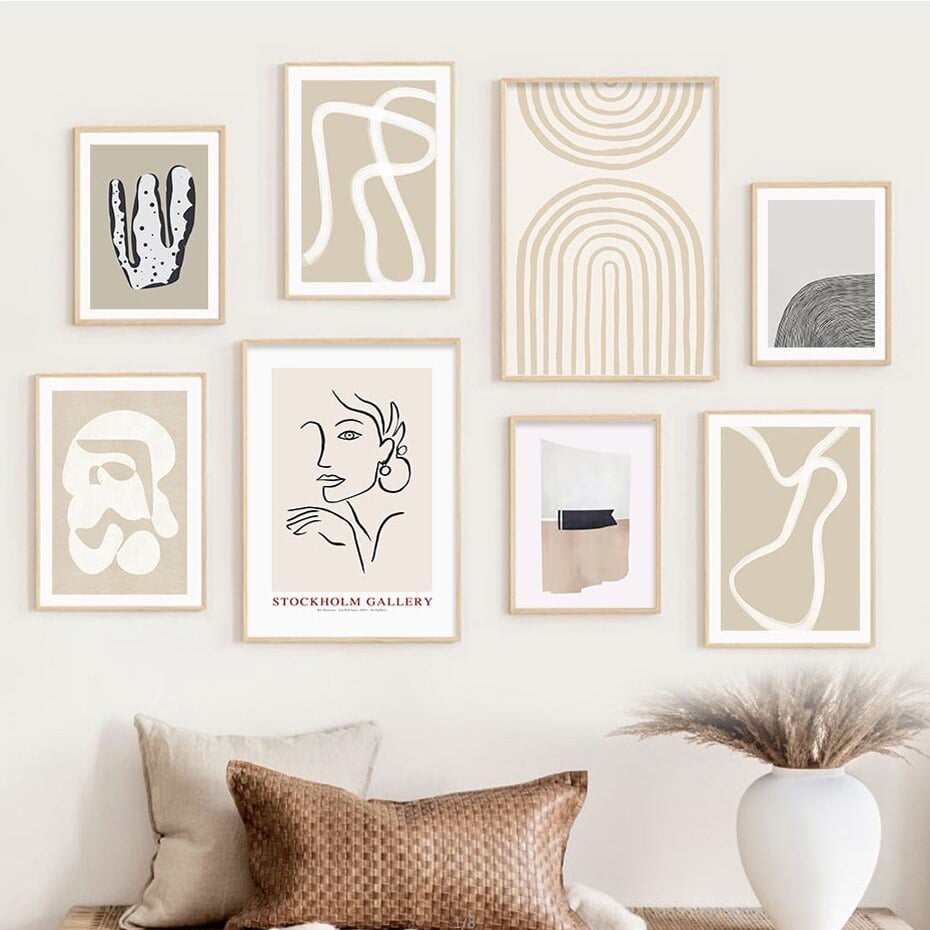 Modern Beige Abstract Mid Century Style Wall Art Pictures For Living Room Gallery Wall