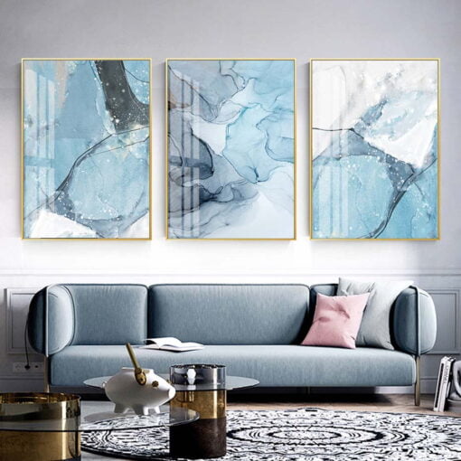 Modern Blue Marble Print Wall Fine Art Canvas Prints Pictures For Living Room Home Office Decor