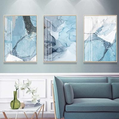 Modern Blue Marble Print Wall Fine Art Canvas Prints Pictures For Living Room Home Office Decor