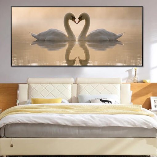 Modern Love Swan Lake Heart Wall Art Wide Format Pictures For Bedroom Living Room Decor