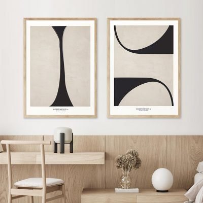 Modern Mid Century Bohemian Abstract Wall Art Minimalist Black Beige Pictures For Living Room Decor