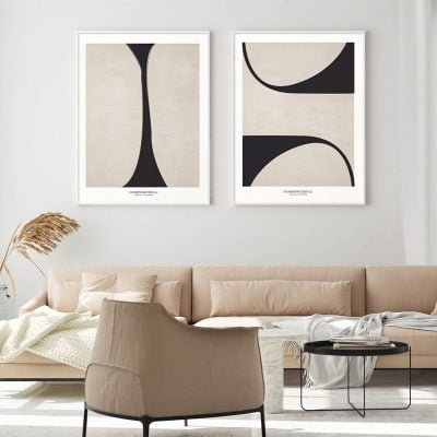 Modern Mid Century Bohemian Abstract Wall Art Minimalist Black Beige Pictures For Living Room Decor