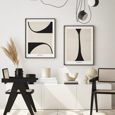 Modern Mid Century Bohemian Abstract Wall Art Minimalist Black Beige Pictures For Living Room Decor