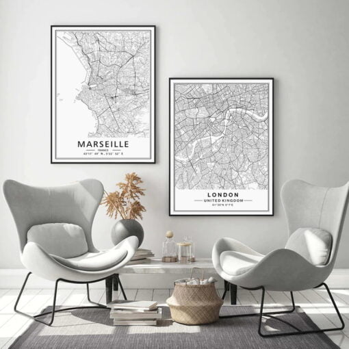 Modern Minimalist City Map Wall Decor Black & White Posters For Modern Home Office Decor