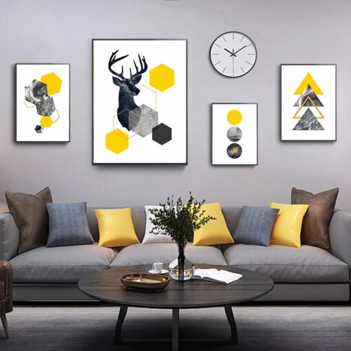 Modern Minimalist Nordic Deer Wall Art Yellow Gray Geometric Pictures For Living Room Decor