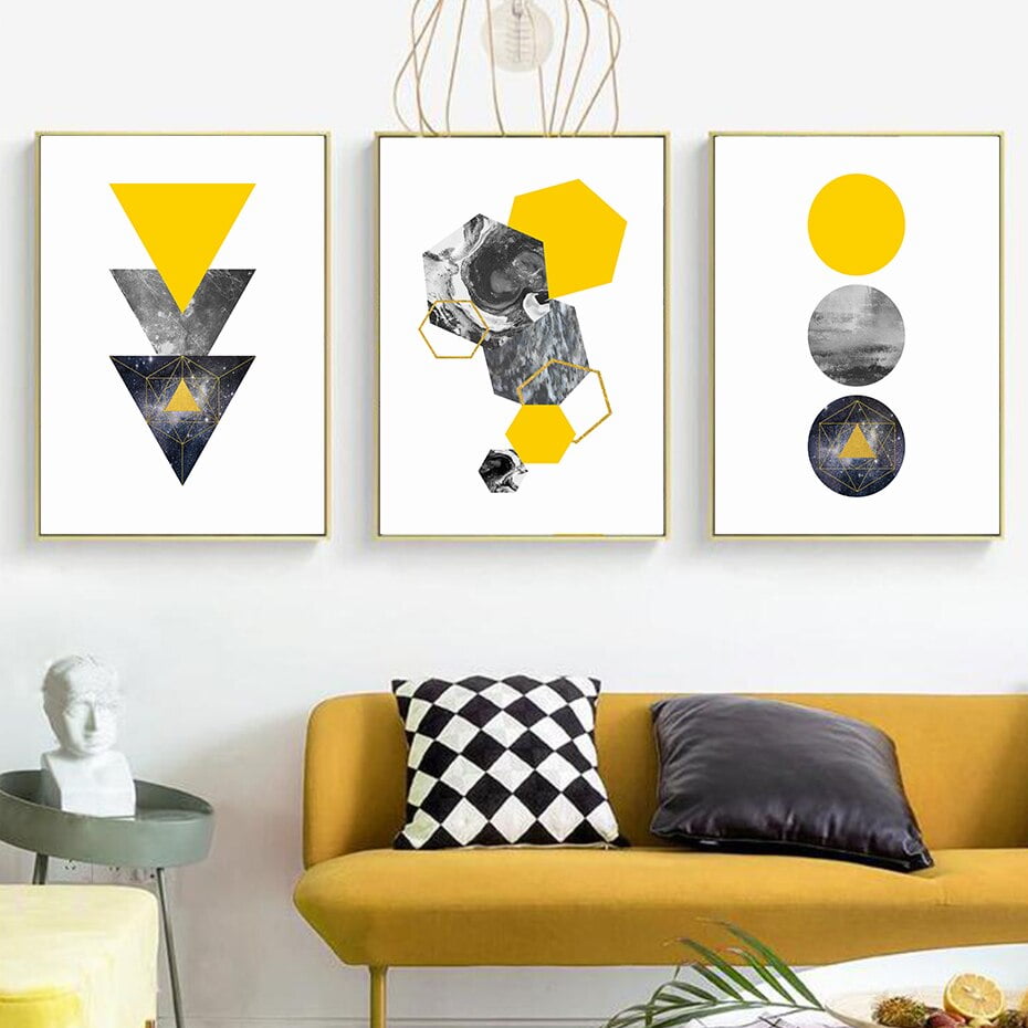 Modern Minimalist Nordic Deer Wall Art Yellow Gray Geometric Pictures For Living Room Decor