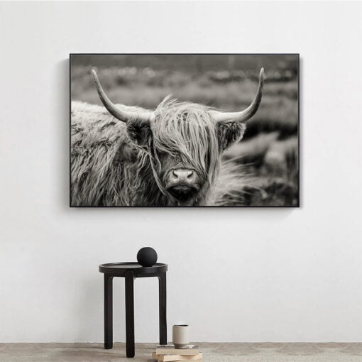 Northern Landscape Highland Cattle Wall Art Black & White Print For Home Office Decor