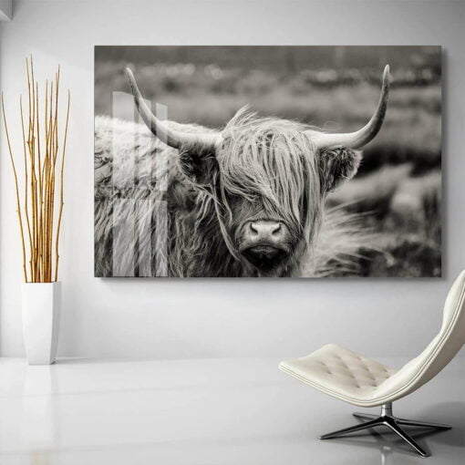 Northern Landscape Highland Cattle Wall Art Black & White Print For Home Office Decor