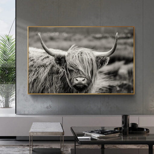 Northern Landscape Highland Cattle Wall Art Black & White Print For Home Office Decor