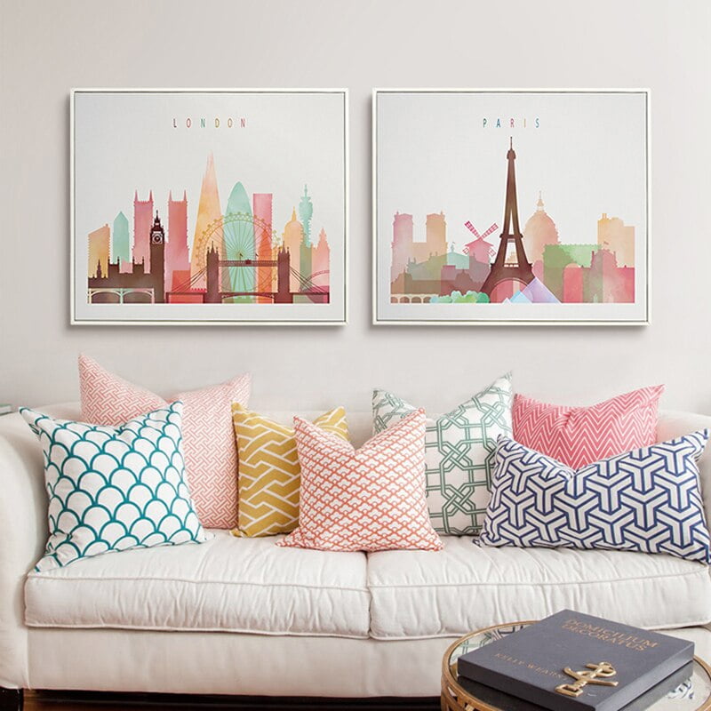 Pastel Colors City Skyline Pink Hues Wall Art For Living Room Bedroom Urban Apartment Decor
