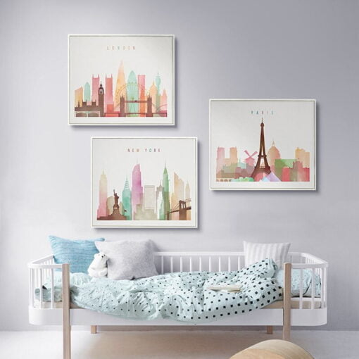 Pastel Colors City Skyline Pink Hues Wall Art For Living Room Bedroom Urban Apartment Decor