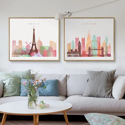 Pastel Colors City Skyline Pink Hues Wall Art For Living Room Bedroom Urban Apartment Decor