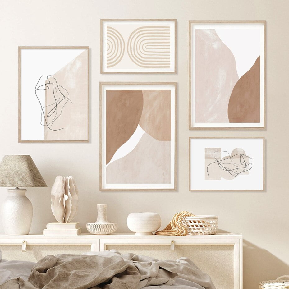 Peach Beige Abstract Mid Century Style Gallery Wall Art Pictures For Living Room Decor