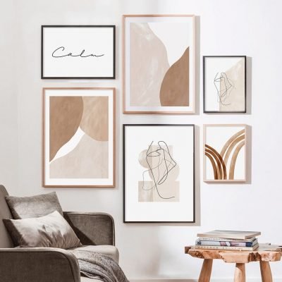 Peach Beige Abstract Mid Century Style Gallery Wall Art Pictures For Living Room Decor