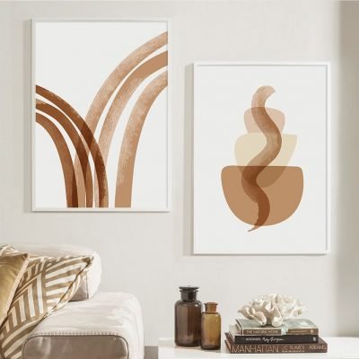 Peach Beige Abstract Mid Century Style Gallery Wall Art Pictures For Living Room Decor