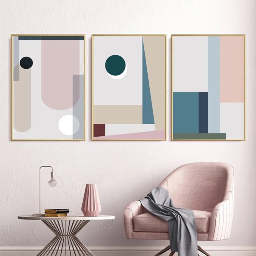 Pink Beige Abstract Geometric Wall Art Pictures For Modern Loft Apartment Living Room