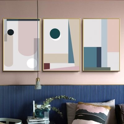 Pink Beige Abstract Geometric Wall Art Pictures For Modern Loft Apartment Living Room