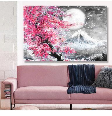 Pink Cherry Blossom Mount Fuji Wall Art Oriental Picture For Living Room Dining Room