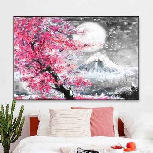 Pink Cherry Blossom Mount Fuji Wall Art Oriental Picture For Living Room Dining Room