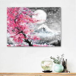 Pink Cherry Blossom Mount Fuji Wall Art Oriental Picture For Living Room Dining Room