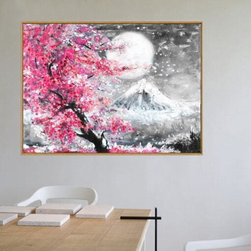 Pink Cherry Blossom Mount Fuji Wall Art Oriental Picture For Living Room Dining Room