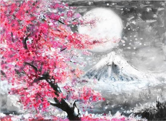 Pink Cherry Blossom Mount Fuji Wall Art Oriental Picture For Living Room Dining Room