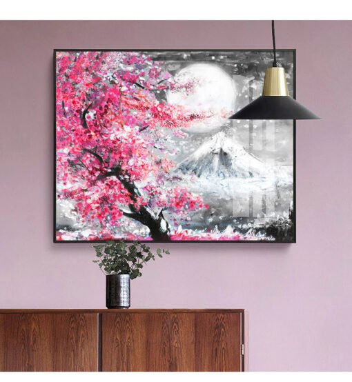 Pink Cherry Blossom Mount Fuji Wall Art Oriental Picture For Living Room Dining Room