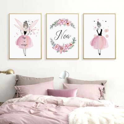 Pink Fairy Nursery Wall Art Fine Art Canvas Prints Personalized Pictures For Girls Bedroom