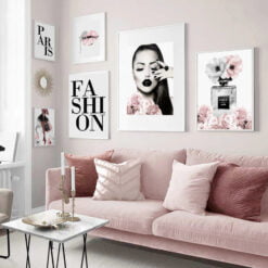 Pink Paris Fashion Makeup Wall Art Chic Floral Pictures For Living Room Bedroom Art Decor