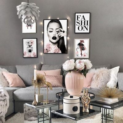 Pink Paris Fashion Makeup Wall Art Chic Floral Pictures For Living Room Bedroom Art Decor