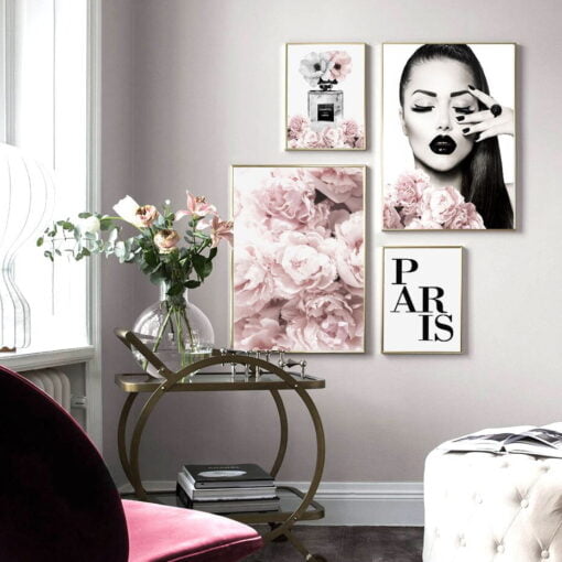 Pink Paris Fashion Makeup Wall Art Chic Floral Pictures For Living Room Bedroom Art Decor