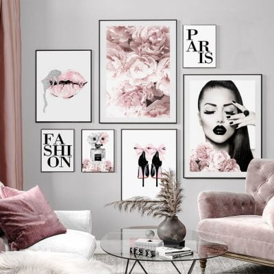 Pink Paris Fashion Makeup Wall Art Chic Floral Pictures For Living Room Bedroom Art Decor